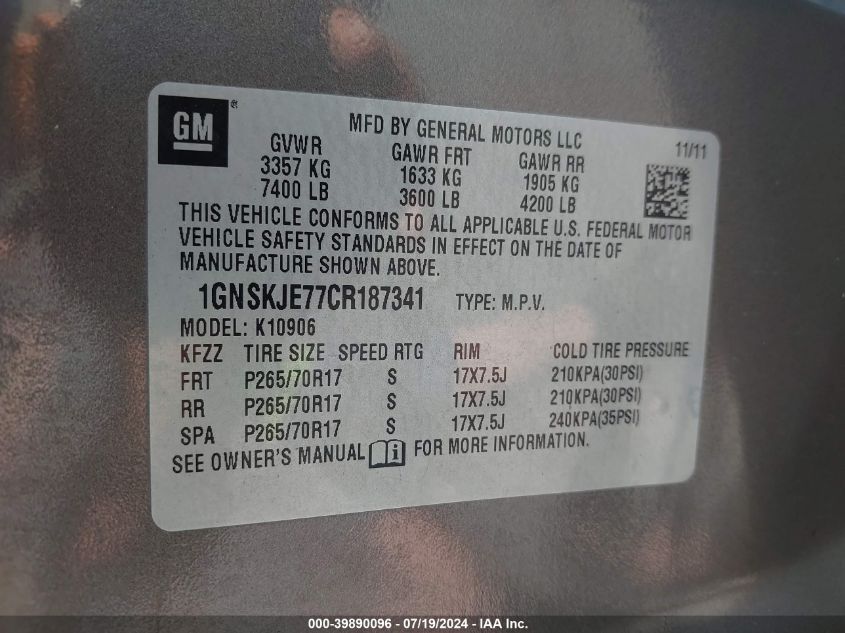 2012 Chevrolet Suburban 1500 Lt VIN: 1GNSKJE77CR187341 Lot: 39890096