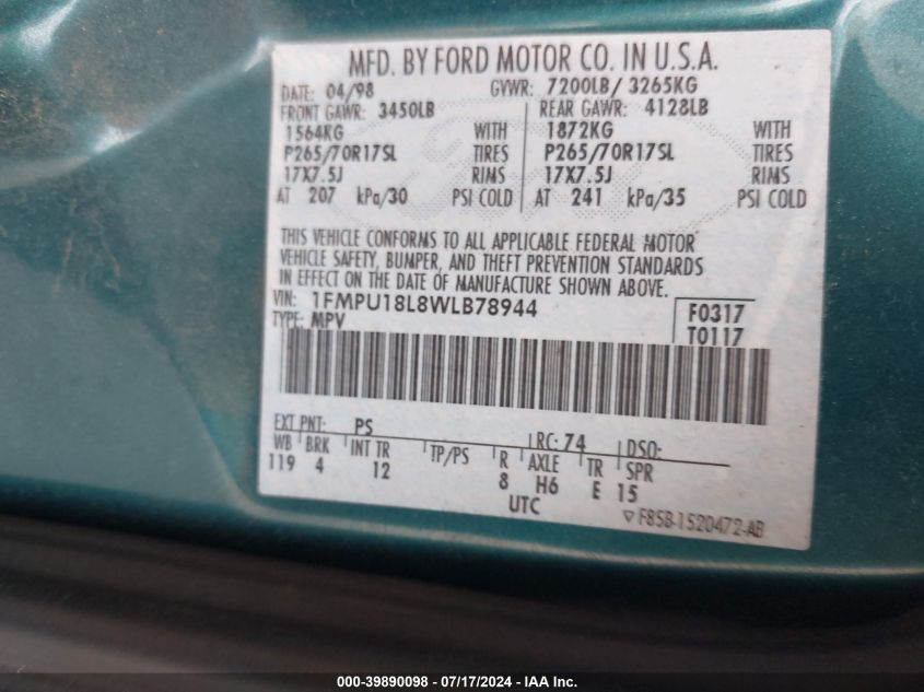 1998 Ford Expedition Eddie Bauer/Xlt VIN: 1FMPU18L8WLB78944 Lot: 39890098