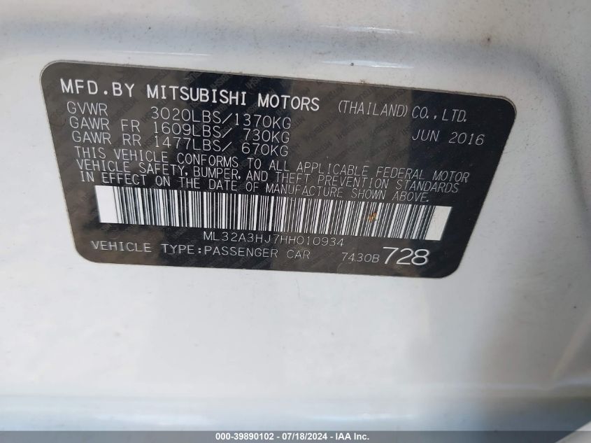 2017 Mitsubishi Mirage Es VIN: ML32A3HJ7HH010934 Lot: 39890102