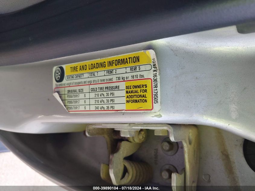 2007 Chevrolet Suburban 1500 Lt VIN: 1GNFK16307R179505 Lot: 39890104