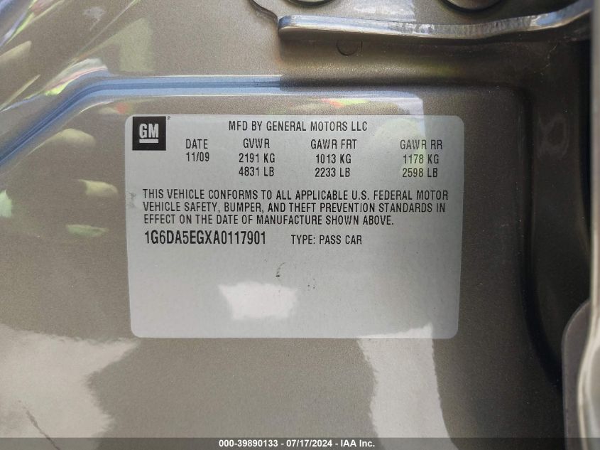 2010 Cadillac Cts VIN: 1G6DA5EGXA0117901 Lot: 39890133
