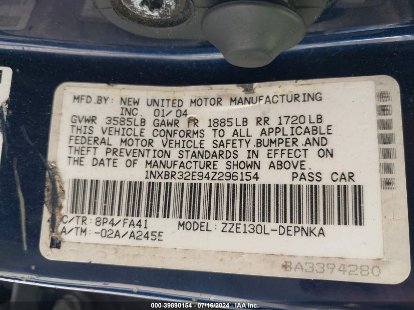 2004 Toyota Corolla Le VIN: 1NXBR32E94Z296154 Lot: 39890154