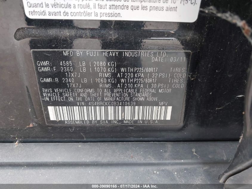 2011 Subaru Outback 2.5I Limited VIN: 4S4BRCKC0B3410639 Lot: 39890165