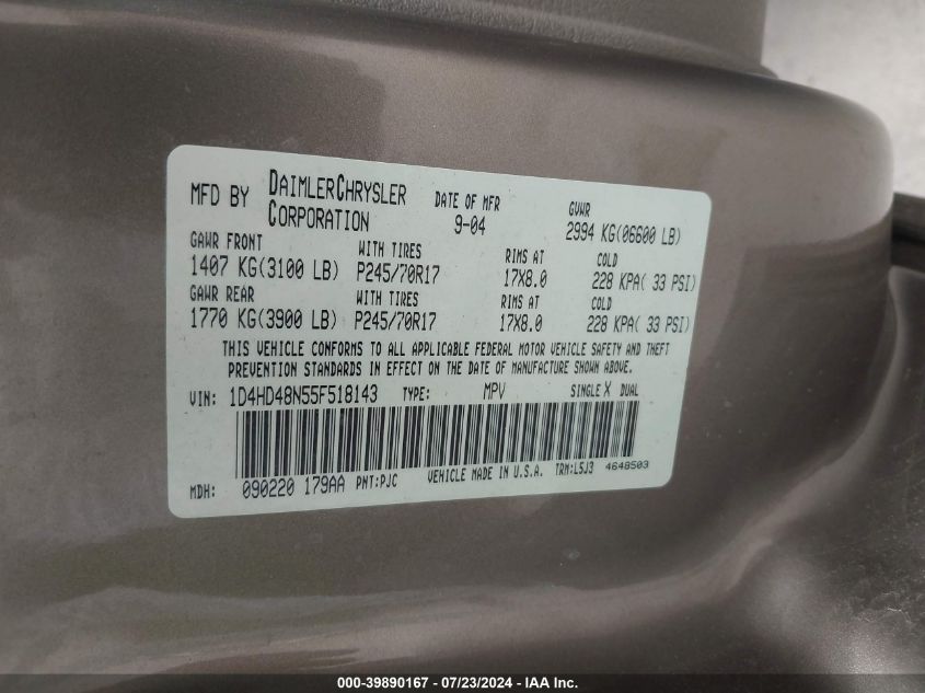 2005 Dodge Durango Slt VIN: 1D4HD48N55F518143 Lot: 39890167