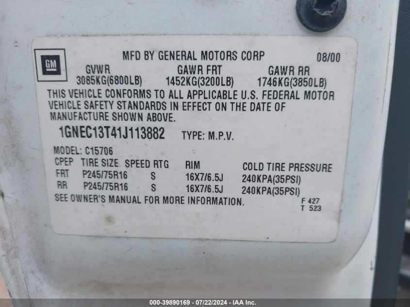 2001 Chevrolet Tahoe Ls VIN: 1GNEC13T41J113882 Lot: 39890169