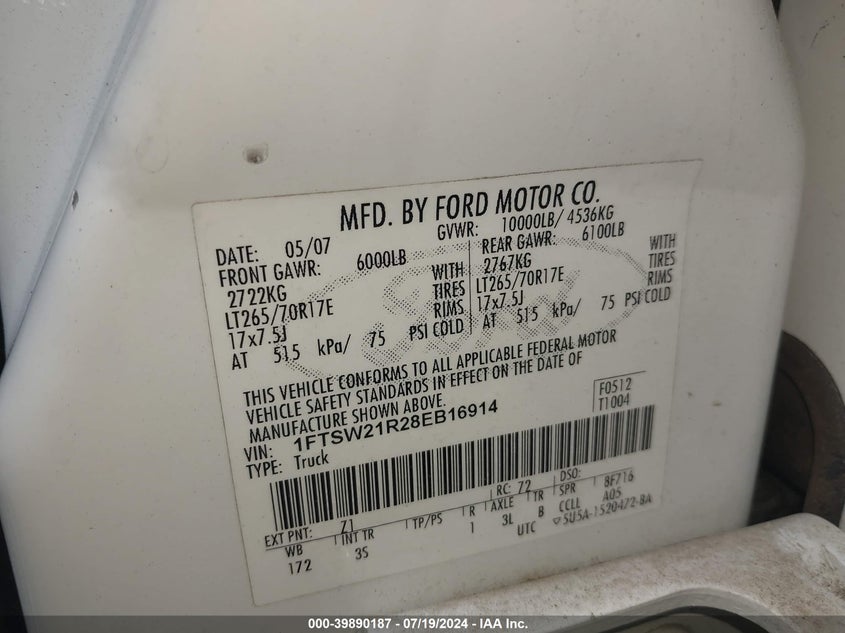 2008 Ford F-250 Fx4/Harley-Davidson/King Ranch/Lariat/Xl/Xlt VIN: 1FTSW21R28EB16914 Lot: 39890187