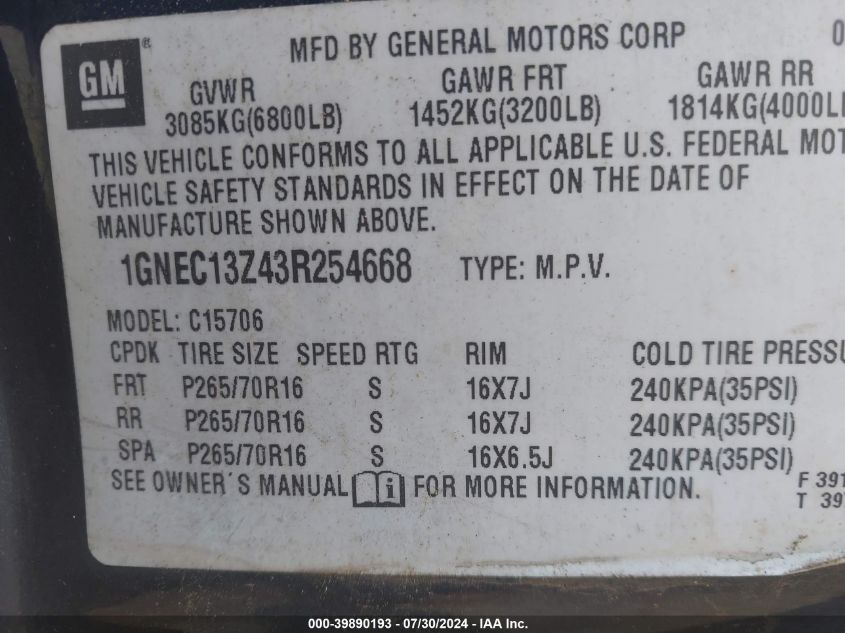 2003 Chevrolet Tahoe Ls VIN: 1GNEC13Z43R254668 Lot: 39890193