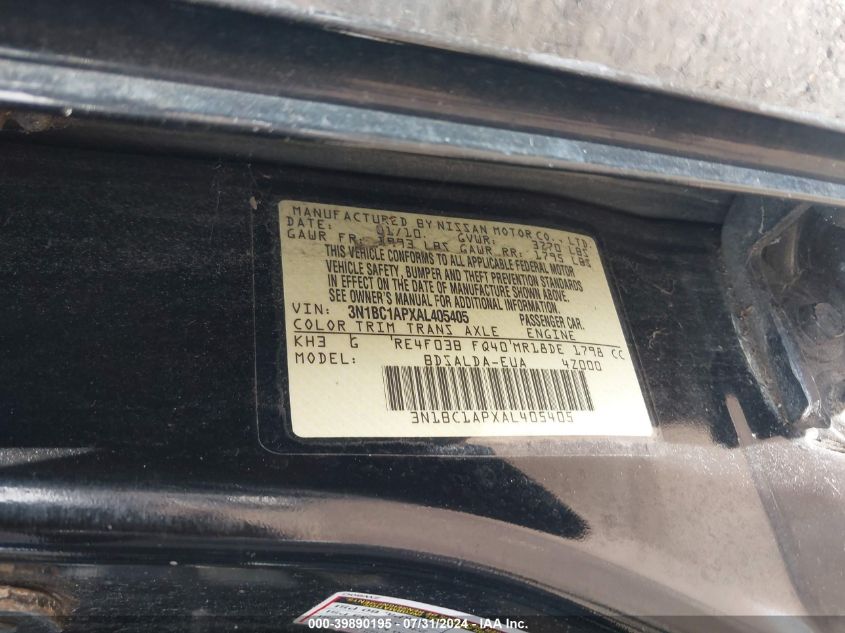 2010 Nissan Versa 1.8S VIN: 3N1BC1APXAL405405 Lot: 39890195