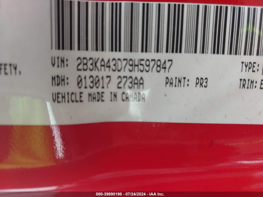 2009 Dodge Charger Se VIN: 2B3KA43D79H597847 Lot: 39890198