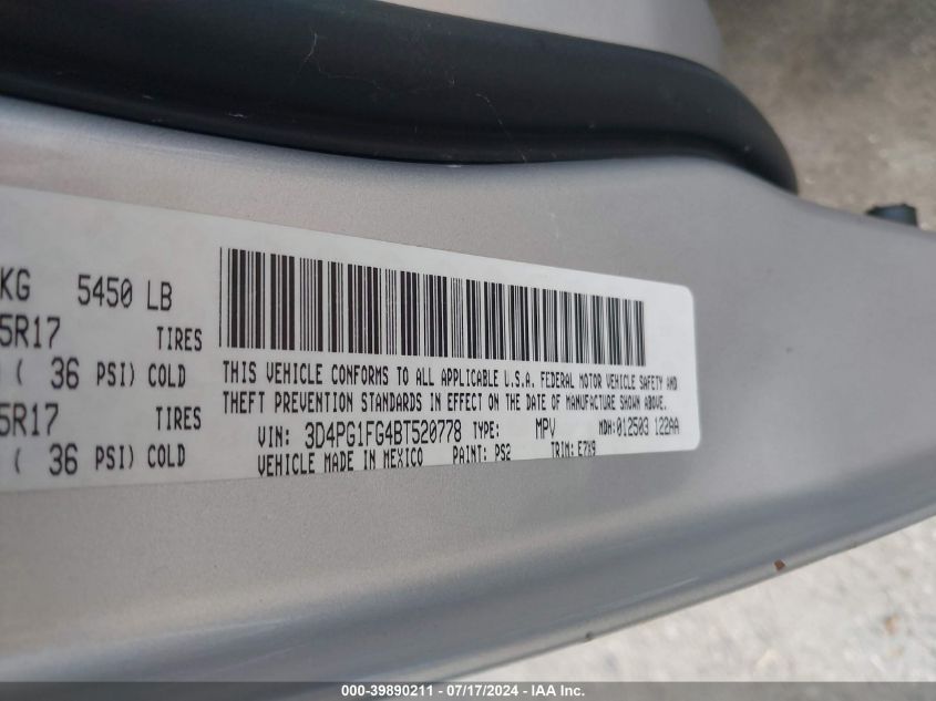 2011 Dodge Journey Mainstreet VIN: 3D4PG1FG4BT520778 Lot: 39890211