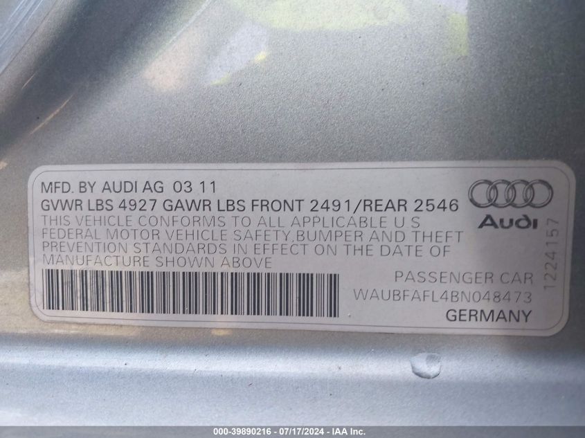 2011 Audi A4 2.0T Premium VIN: WAUBFAFL4BN048473 Lot: 39890216
