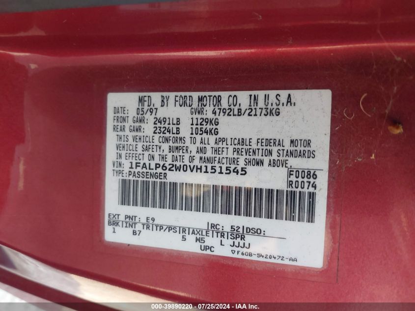 1997 Ford Thunderbird Lx VIN: 1FALP62W0VH151545 Lot: 39890220