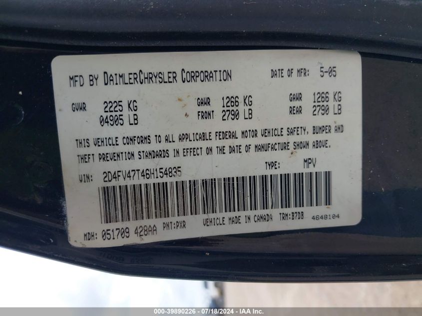 2006 Dodge Magnum VIN: 2D4FV47T46H154835 Lot: 39890226