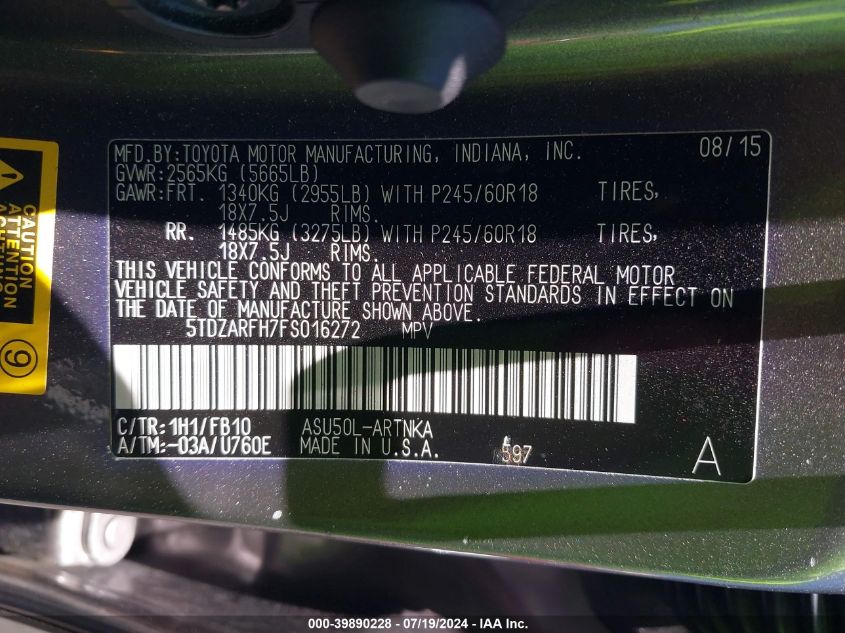 2015 Toyota Highlander Le VIN: 5TDZARFH7FS016272 Lot: 39890228