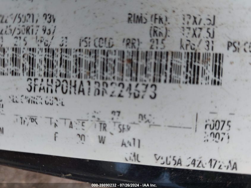 2011 Ford Fusion Se VIN: 3FAHP0HA1BR224673 Lot: 39890232