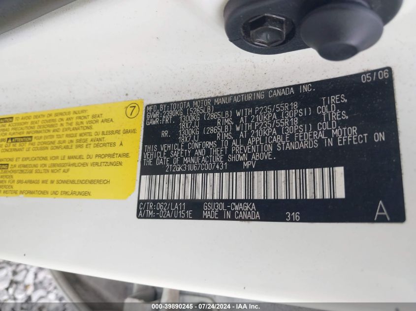 2007 Lexus Rx 350 VIN: 2T2GK31U67C007431 Lot: 39890245