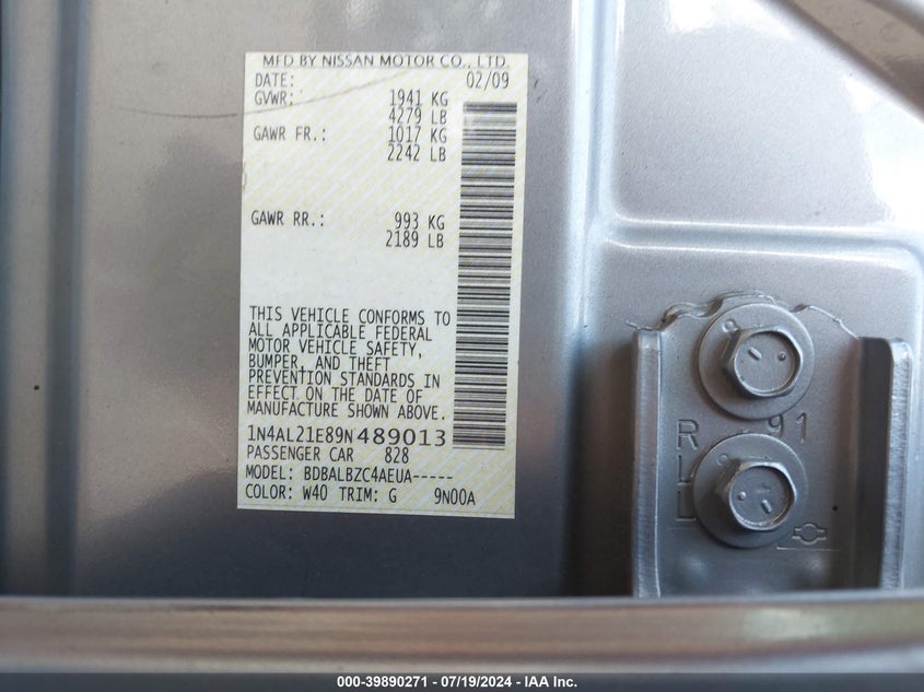 2009 Nissan Altima 2.5 S VIN: 1N4AL21E89N489013 Lot: 39890271
