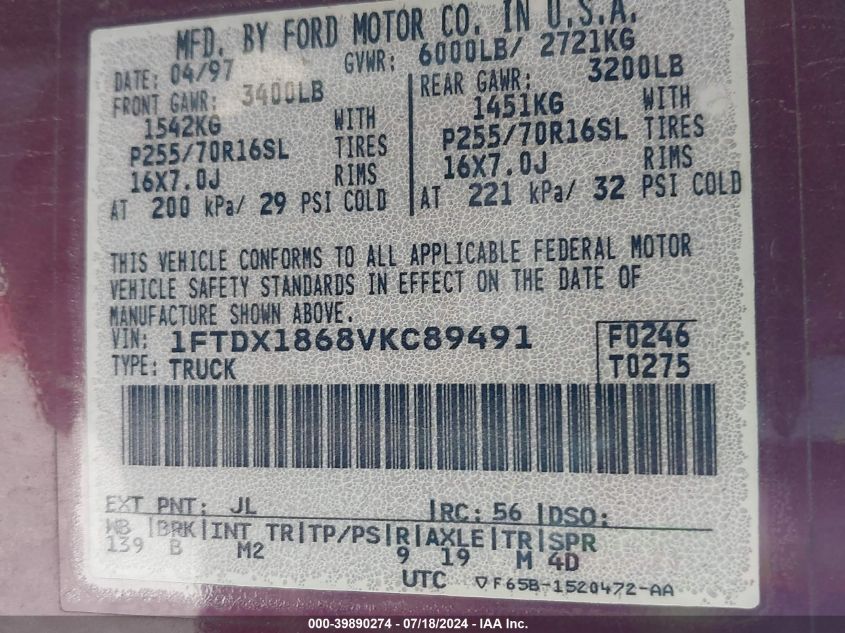 1997 Ford F-150 Lariat/Xl/Xlt VIN: 1FTDX1868VKC89491 Lot: 39890274