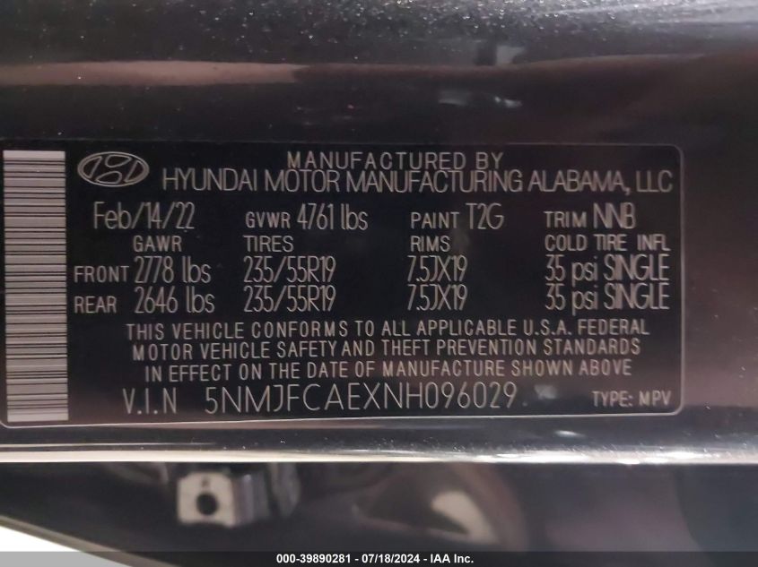 2022 Hyundai Tucson Sel VIN: 5NMJFCAEXNH096029 Lot: 39890281