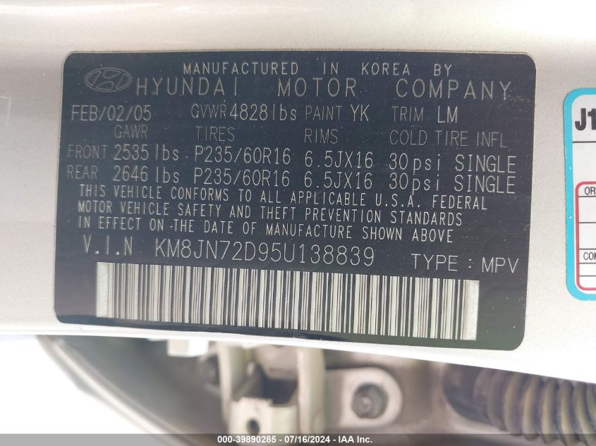 KM8JN72D95U138839 2005 Hyundai Tucson Gls/Lx