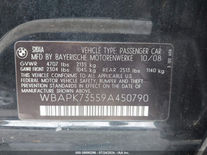 2009 BMW 328I xDrive VIN: WBAPK73559A450790 Lot: 39890296