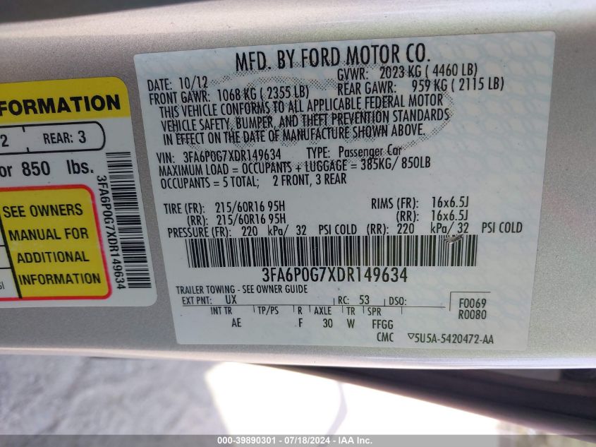 2013 Ford Fusion S VIN: 3FA6P0G7XDR149634 Lot: 39890301