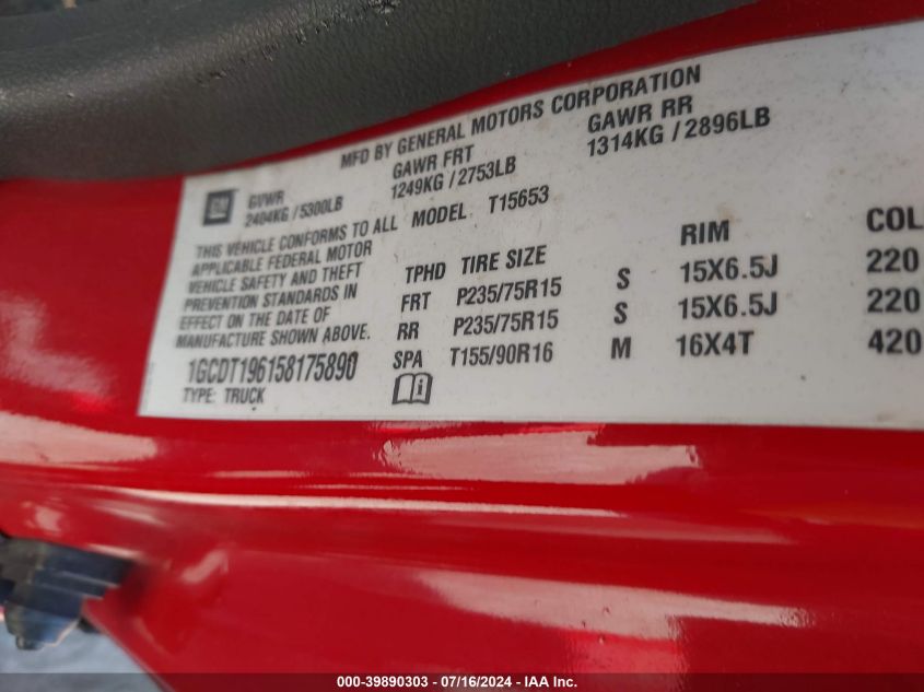 2005 Chevrolet Colorado Ls VIN: 1GCDT196158175890 Lot: 39890303