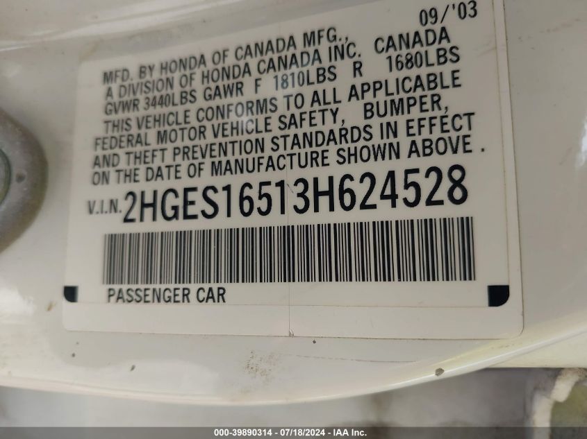 2003 Honda Civic Lx VIN: 2HGES16513H624528 Lot: 39890314