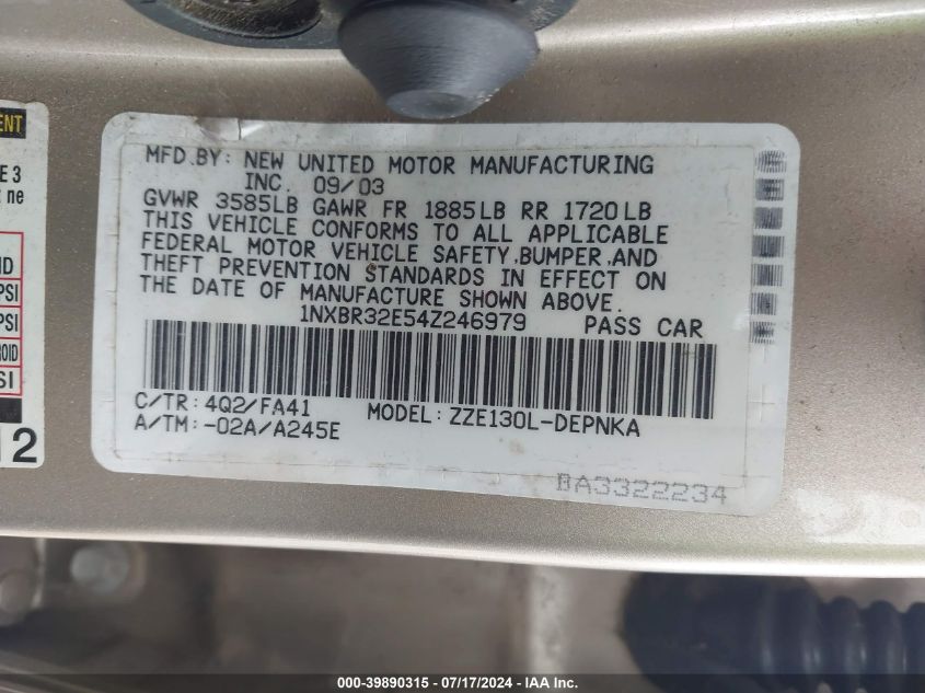 2004 Toyota Corolla Le VIN: 1NXBR32E54Z246979 Lot: 39890315