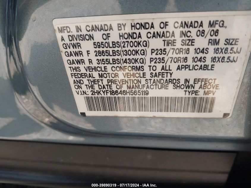 2006 Honda Pilot Ex-L VIN: 2HKYF18646H565119 Lot: 39890319