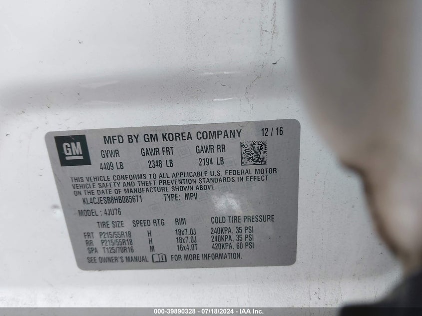 VIN KL4CJESB8HB085671 2017 BUICK ENCORE PREFERRED