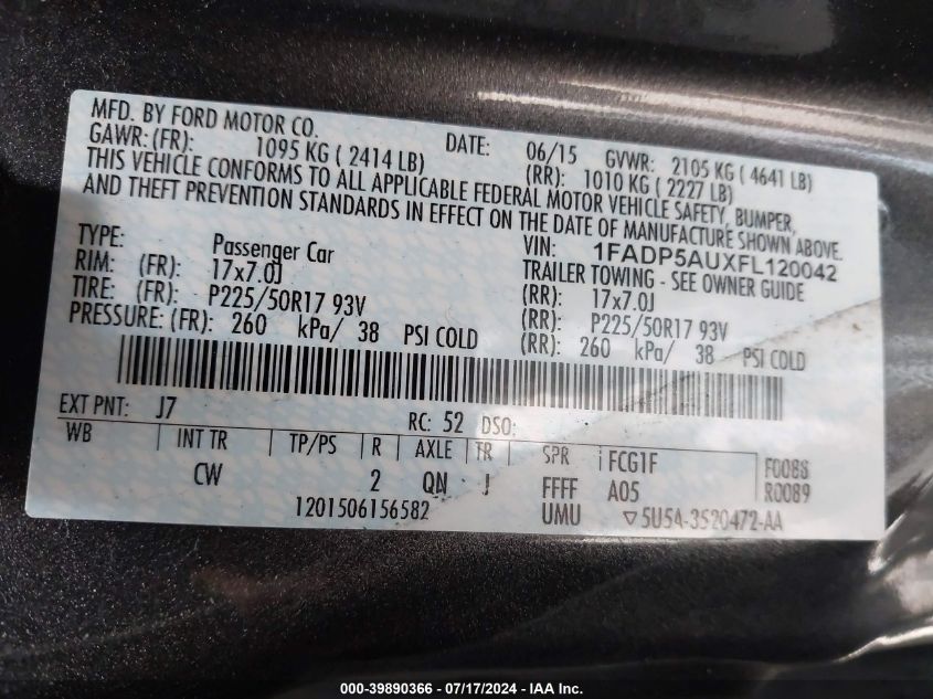 2015 Ford C-Max Se VIN: 1FADP5AUXFL120042 Lot: 39890366