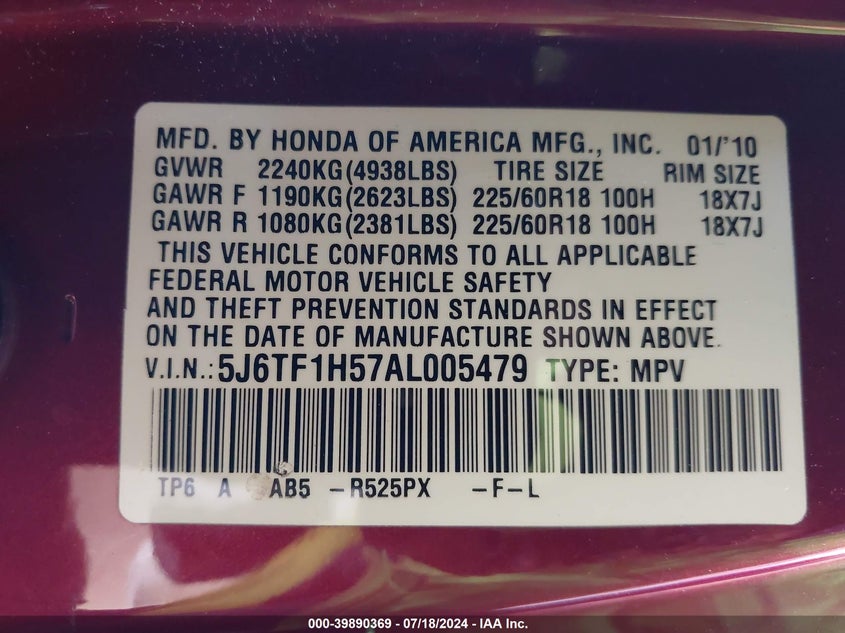 2010 Honda Accord Crosstour Exl VIN: 5J6TF1H57AL005479 Lot: 39890369