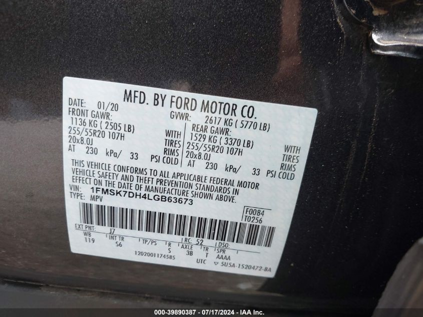 2020 Ford Explorer Xlt VIN: 1FMSK7DH4LGB63673 Lot: 39890387