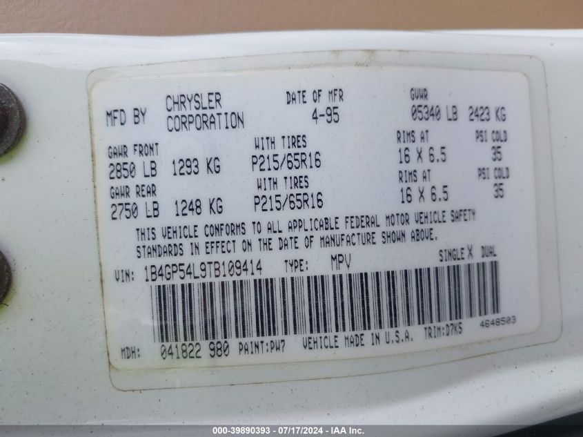 1996 Dodge Grand Caravan Le/Es VIN: 1B4GP54L9TB109414 Lot: 39890393