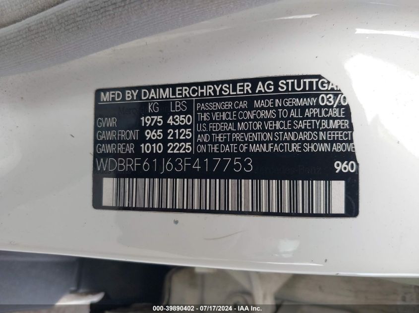 2003 Mercedes-Benz C 240 VIN: WDBRF61J63F417753 Lot: 39890402