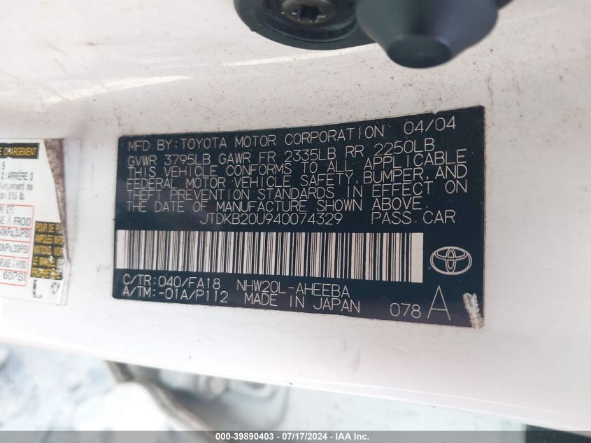 2004 Toyota Prius VIN: JTDKB20U940074329 Lot: 39890403