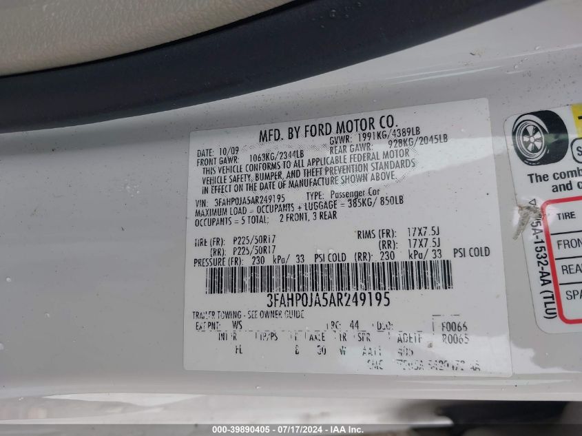 2010 Ford Fusion Sel VIN: 3FAHP0JA5AR249195 Lot: 39890405