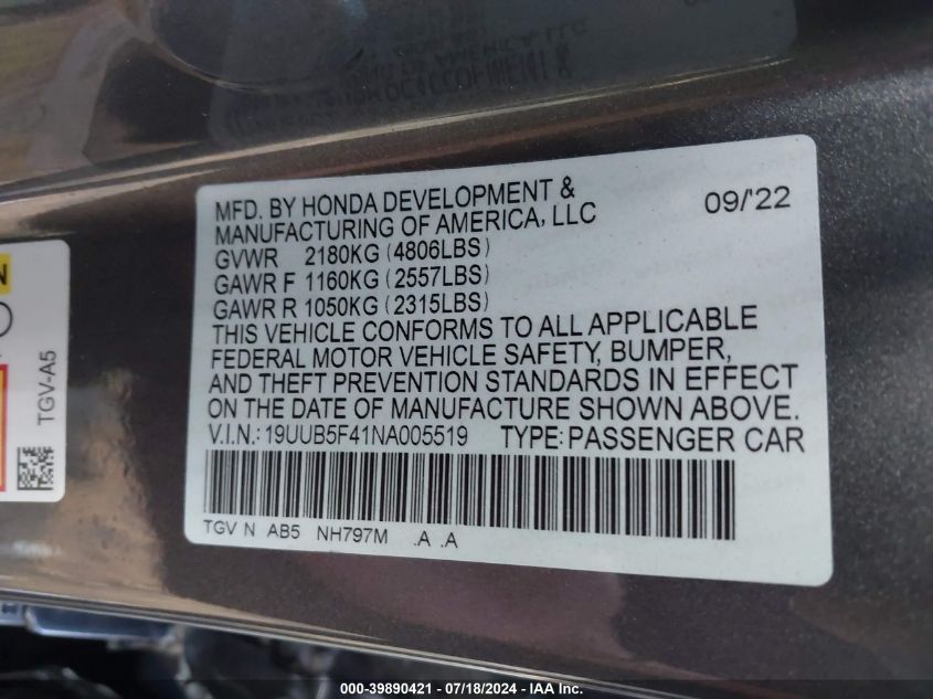 19UUB5F41NA005519 2022 Acura Tlx Technology Package