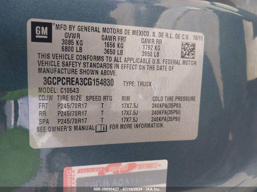 2012 Chevrolet Silverado 1500 Ls VIN: 3GCPCREA3CG154830 Lot: 39890427