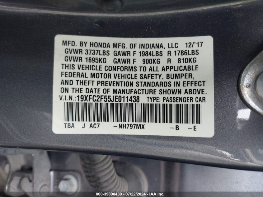 2018 Honda Civic Lx VIN: 19XFC2F55JE011438 Lot: 39890439
