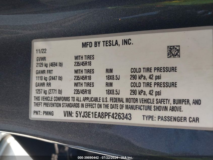 2023 Tesla Model 3 Rear-Wheel Drive VIN: 5YJ3E1EA8PF426343 Lot: 39890442