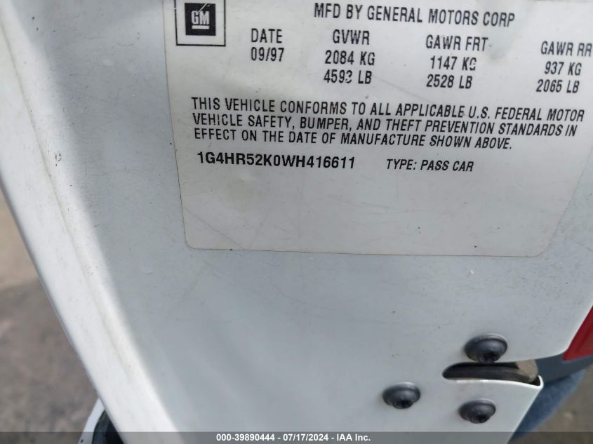 1998 Buick Lesabre Limited Cmi VIN: 1G4HR52K0WH416611 Lot: 39890444