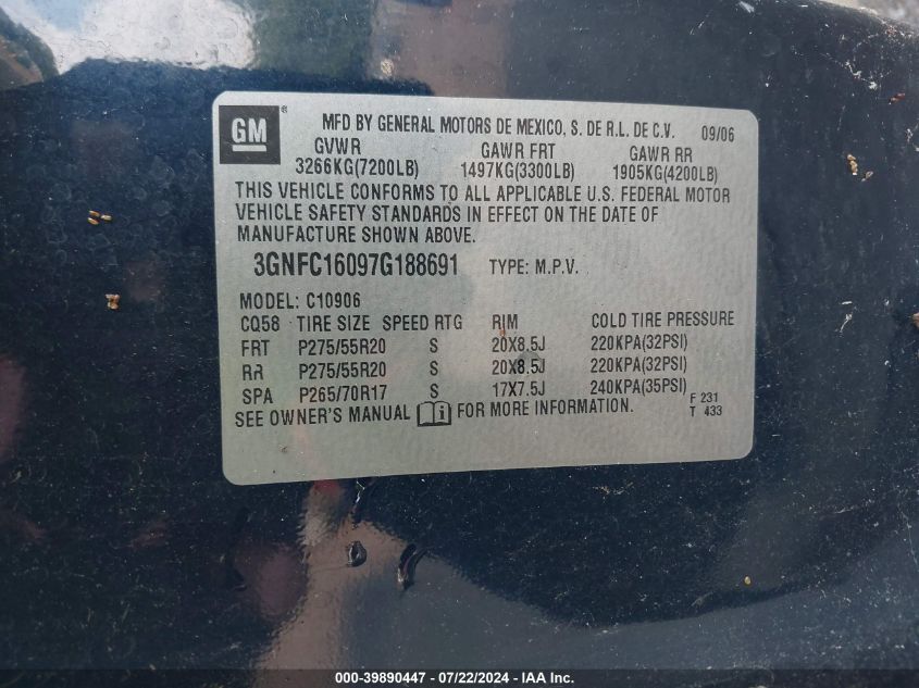 2007 Chevrolet Suburban 1500 Lt VIN: 3GNFC16097G188691 Lot: 39890447