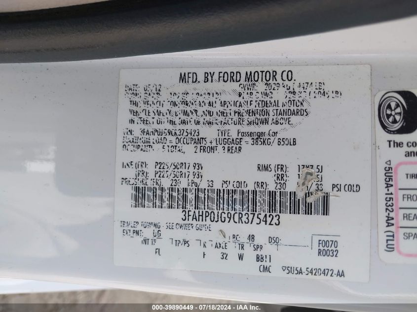 2012 Ford Fusion Sel VIN: 3FAHP0JG9CR375423 Lot: 39890449