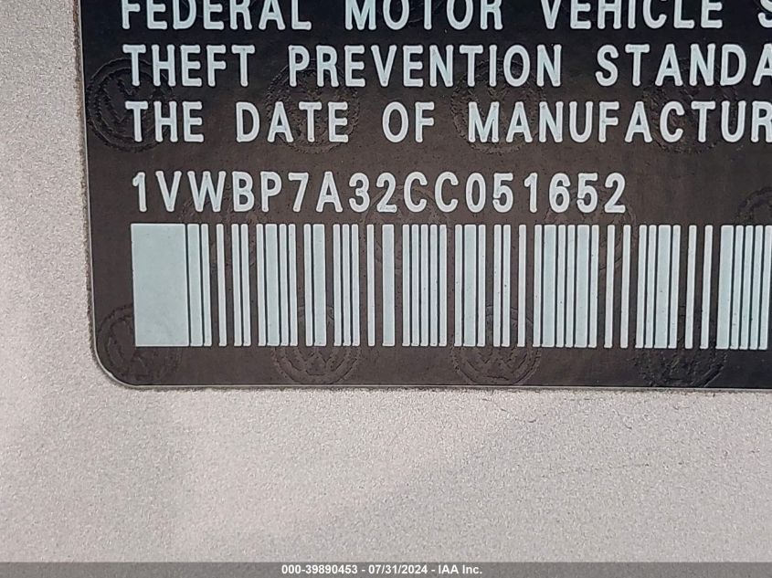 2012 Volkswagen Passat 2.5L Se VIN: 1VWBP7A32CC051652 Lot: 39890453