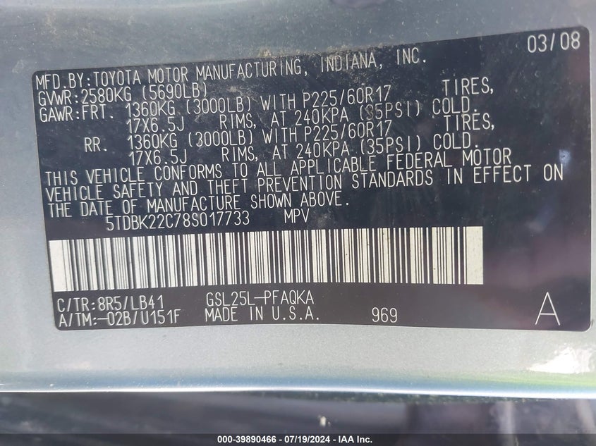 2008 Toyota Sienna Xle VIN: 5TDBK22C78S017733 Lot: 39890466