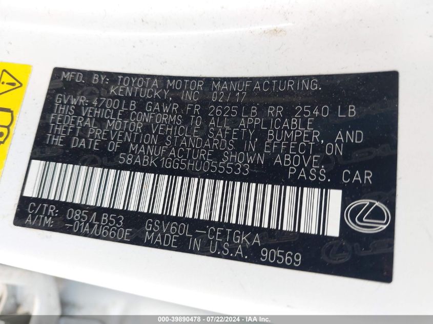 2017 Lexus Es 350 VIN: 58ABK1GG5HU055533 Lot: 39890478