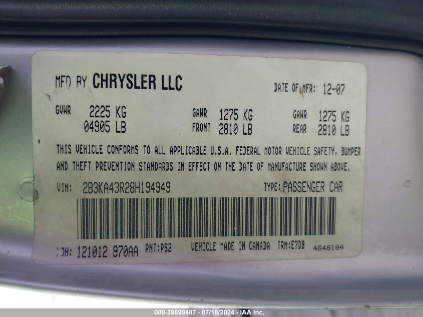 2008 Dodge Charger VIN: 2B3KA43R28H194949 Lot: 39890487