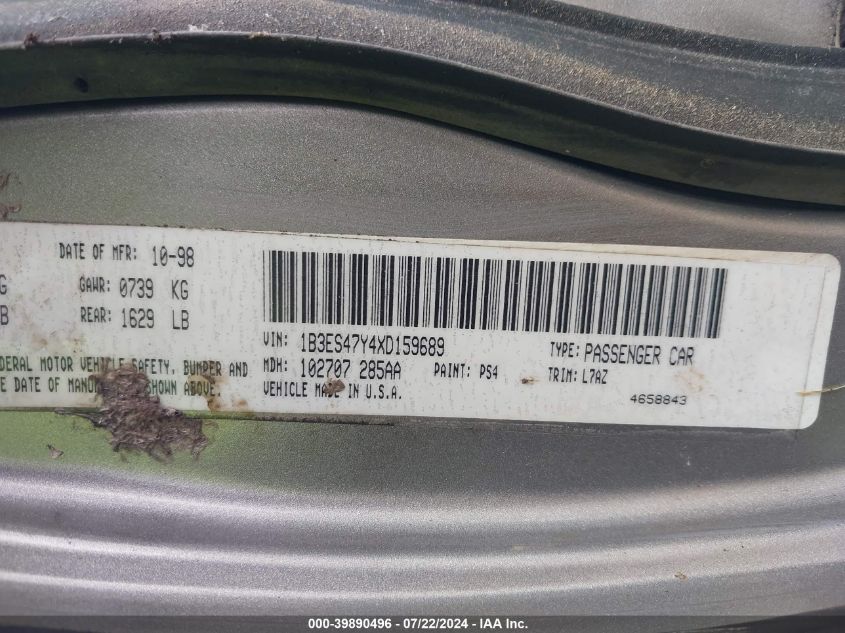 1999 Dodge Neon Highline VIN: 1B3ES47Y4XD159689 Lot: 39890496